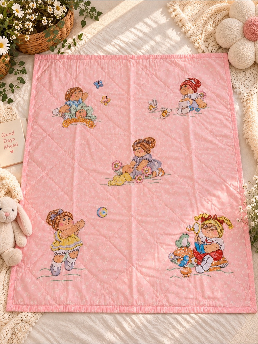 🌼 VTG Upcycled Pink Cabbage Patch Style Baby Quilt - Soft Nursery Blanket